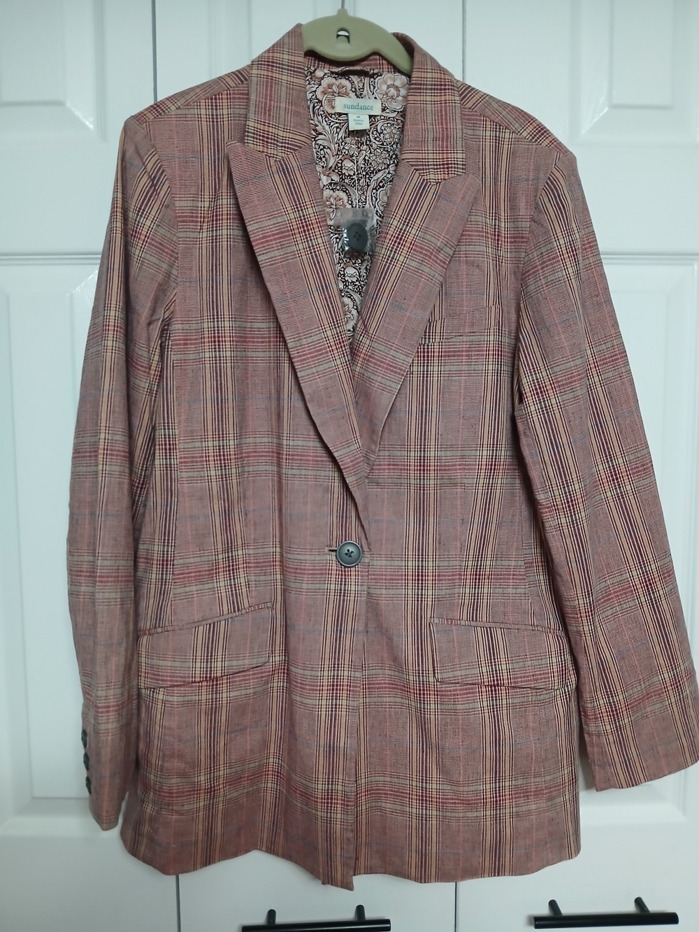 Sundance Plaid Lined 1-Button Blazer Jacket Brown Pink Pockets Women’s M